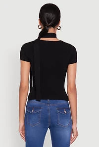 Womens Ribbed Knit Button Front Crop Sweater with Neck Tie, L