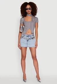 Womens Ribbed Knit Button Slit Front Top with Neck Tie, Grey, Size L