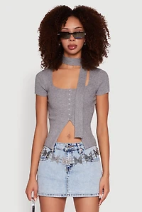 Womens Ribbed Knit Button Front Crop Sweater with Neck Tie, Grey, Size M