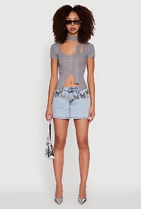 Womens Ribbed Knit Button Slit Front Top with Neck Tie, S