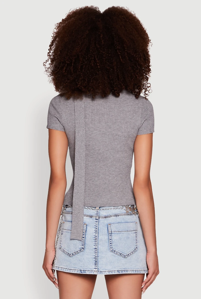 Womens Ribbed Knit Button Slit Front Top with Neck Tie, Grey, Size S