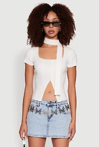 Womens Ribbed Knit Button Front Crop Sweater with Neck Tie, White, Size L