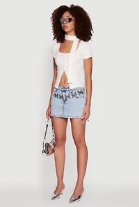Womens Ribbed Knit Button Front Crop Sweater with Neck Tie, White, Size L