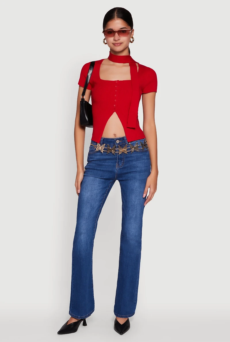 Ribbed Knit Button Slit Front Top with Neck Tie