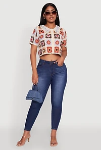 Womens Boho Crochet Shirt with Cropped Hem and Classic Fit, Multi, Size S