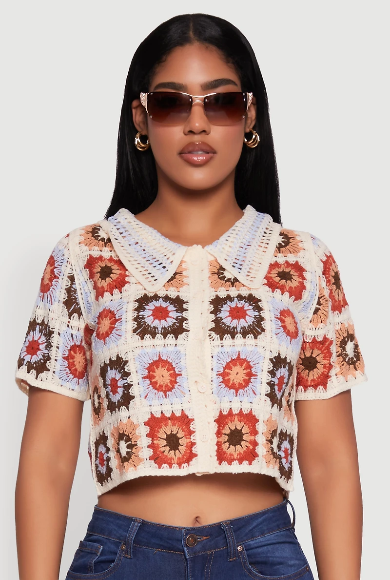 Womens Boho Crochet Shirt with Cropped Hem and Classic Fit, Multi, Size L