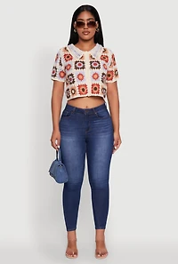 Womens Boho Crochet Shirt with Cropped Hem and Classic Fit, Multi, Size S