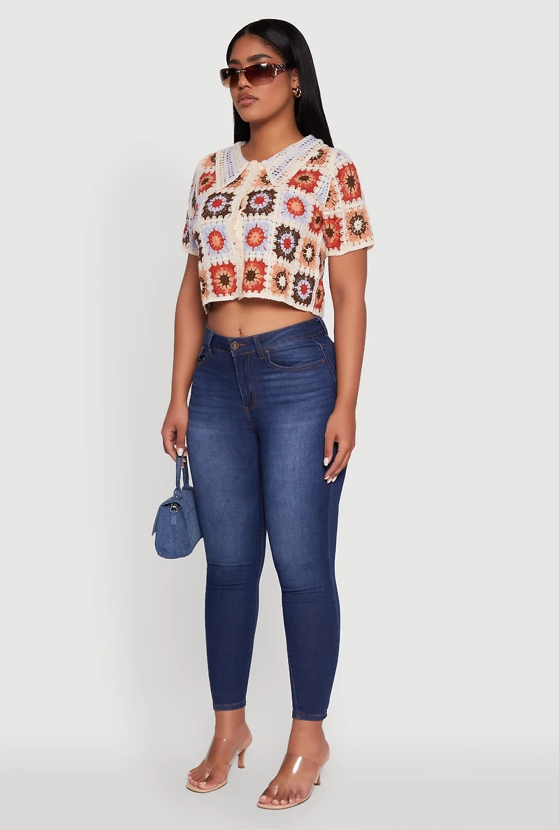 Womens Boho Crochet Shirt with Cropped Hem and Classic Fit, Multi, Size L