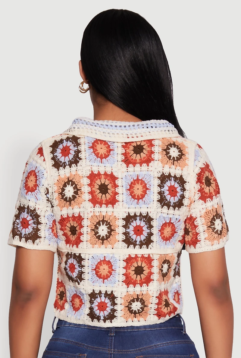 Womens Boho Crochet Shirt with Cropped Hem and Classic Fit, Multi, Size L