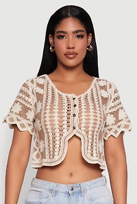 Womens Color Blocked Crochet Button Front Sweater and Scalloped Trim, L
