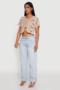 Womens Color Blocked Crochet Button Front Sweater and Scalloped Trim, L