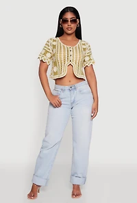Color Blocked Crochet Button Front Scalloped Trim Crop Top