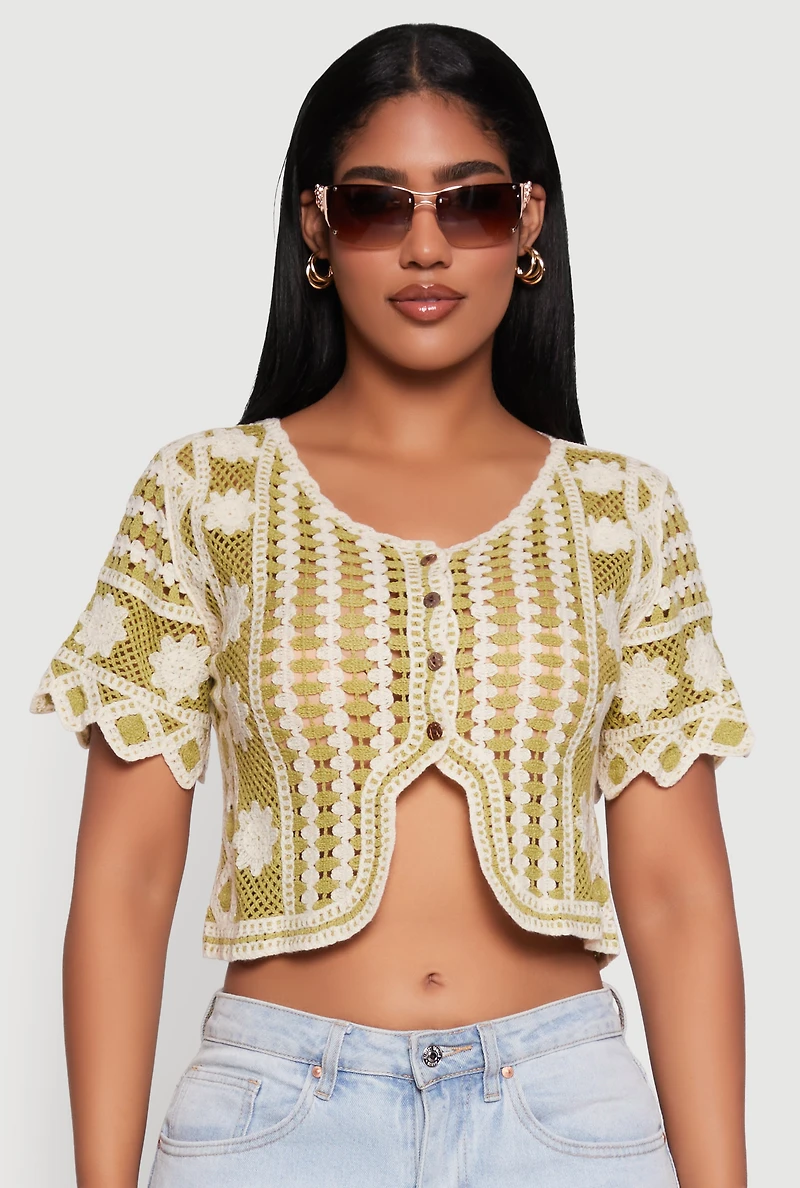 Womens Color Blocked Crochet Button Front Sweater and Scalloped Trim, Multi,