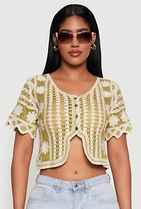 Womens Color Blocked Crochet Button Front Sweater and Scalloped Trim, Multi,