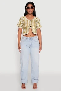 Color Blocked Crochet Button Front Scalloped Trim Crop Top