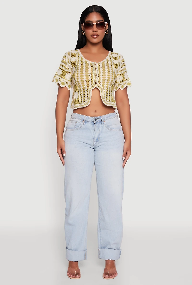 Color Blocked Crochet Button Front Scalloped Trim Crop Top