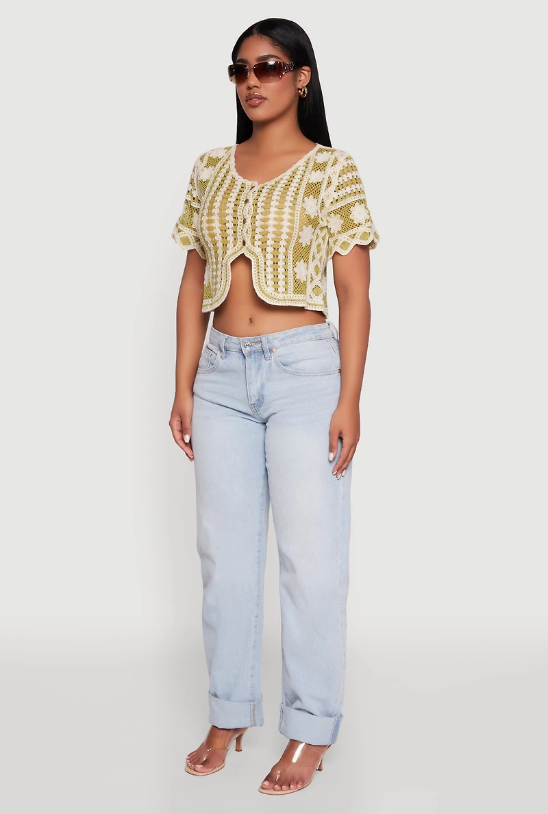 Womens Color Blocked Crochet Button Front Sweater and Scalloped Trim, Multi,