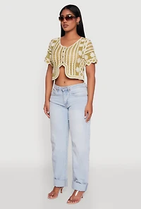 Womens Color Blocked Crochet Button Front Sweater and Scalloped Trim, Multi,