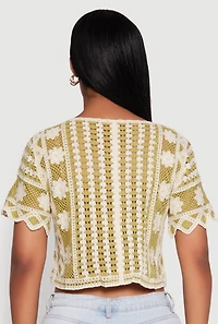 Color Blocked Crochet Button Front Scalloped Trim Crop Top