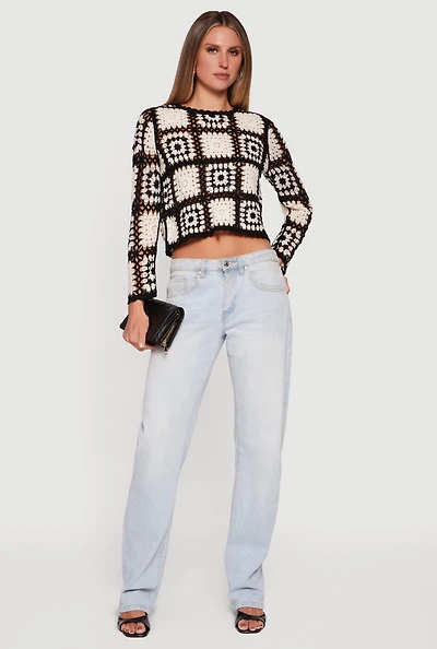 Geometric Crochet Cropped Long Sleeve Sweater