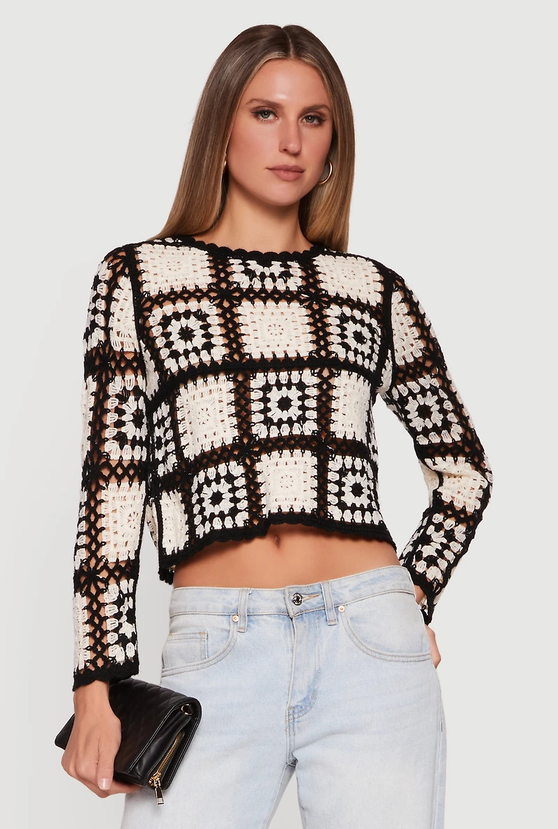 Geometric Crochet Cropped Long Sleeve Sweater