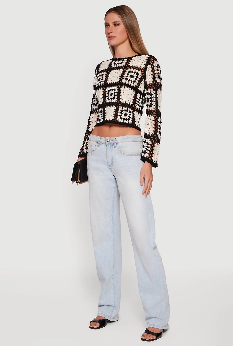 Geometric Crochet Cropped Long Sleeve Sweater
