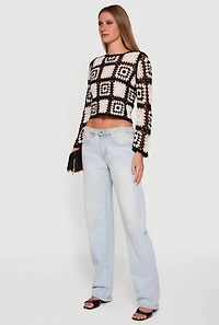 Geometric Crochet Cropped Long Sleeve Sweater