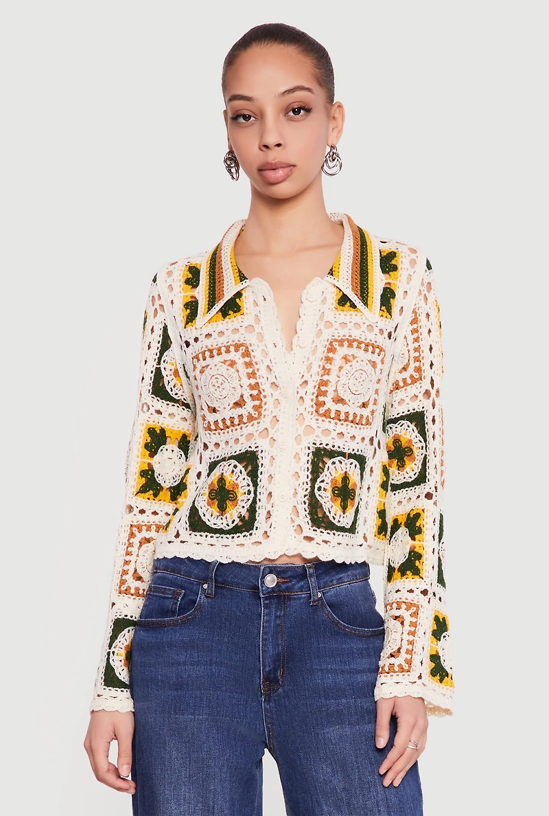 Crochet Bell Sleeve Color Blocked Blouse