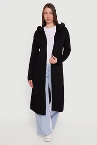 Faux Fur Trim Cable Knit Hooded Duster