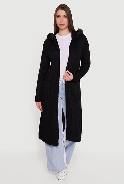 Faux Fur Trim Cable Knit Hooded Duster