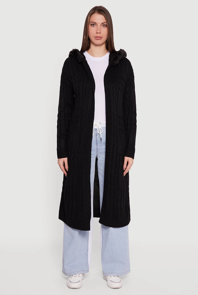 Faux Fur Trim Cable Knit Hooded Duster