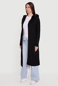 Faux Fur Trim Cable Knit Hooded Duster