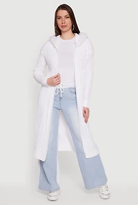 Womens Faux Fur Trim Cable Knit Hooded Duster, White, Size S