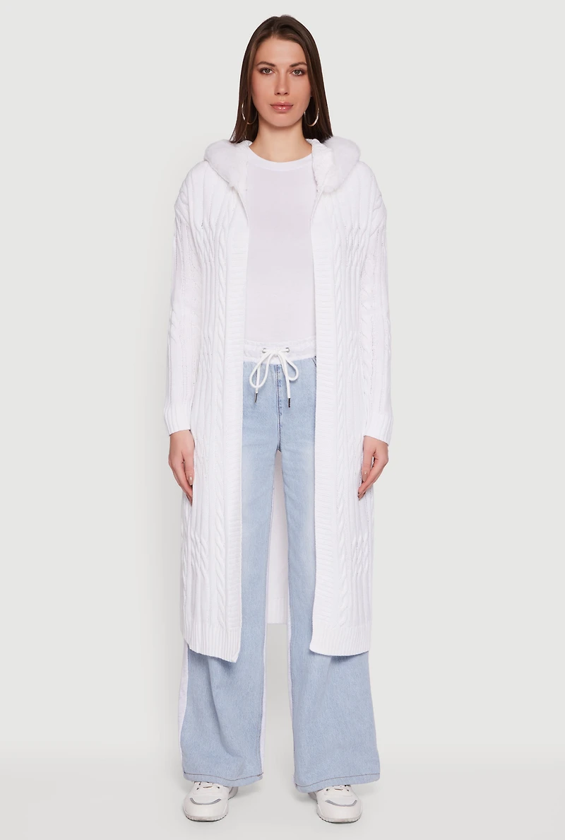 Womens Faux Fur Trim Cable Knit Hooded Duster, White, Size S