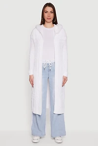 Womens Faux Fur Trim Cable Knit Hooded Duster, White, Size S