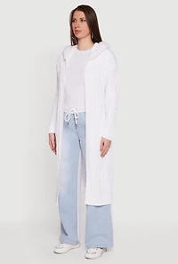 Womens Faux Fur Trim Cable Knit Hooded Duster, White, Size S