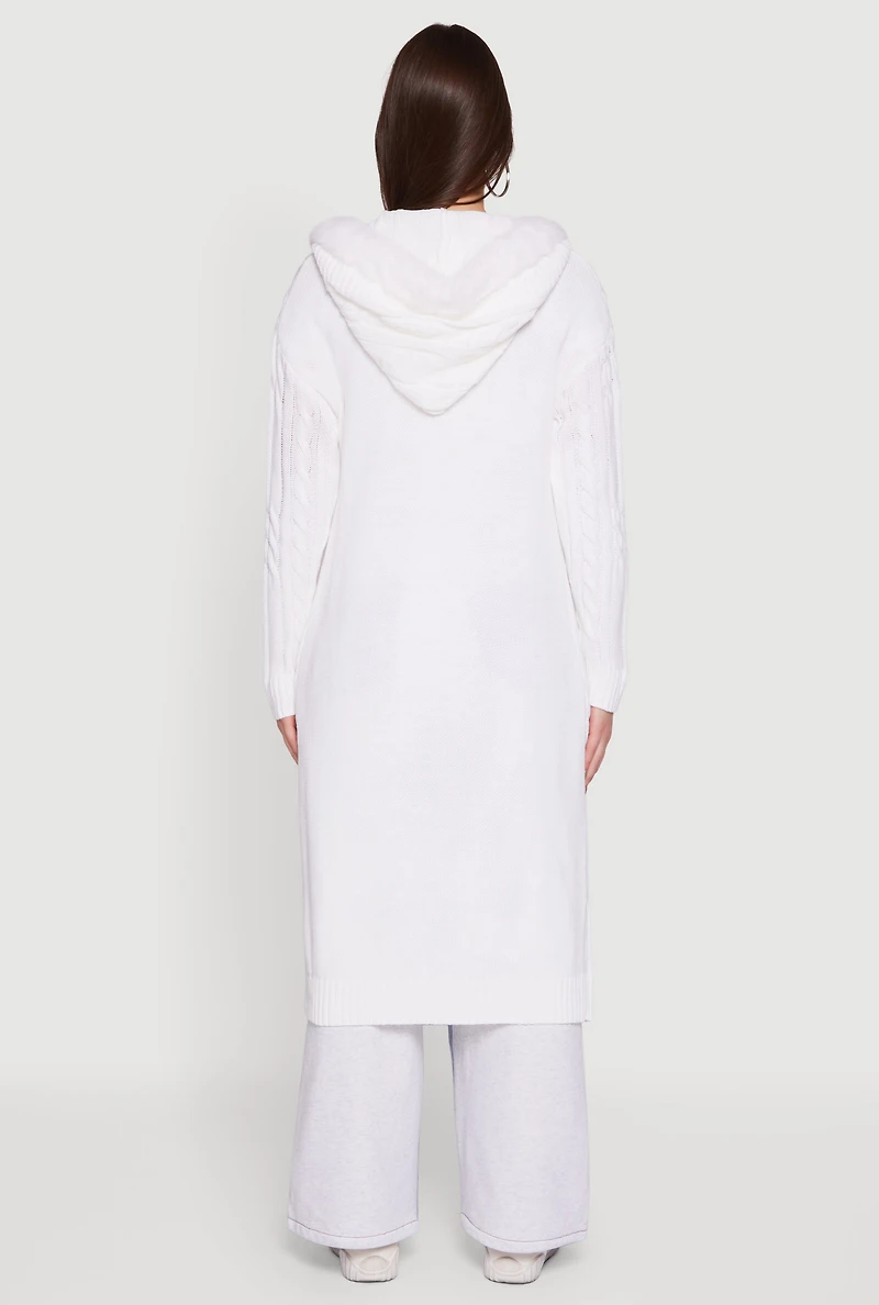 Womens Faux Fur Trim Cable Knit Hooded Duster, White, Size S