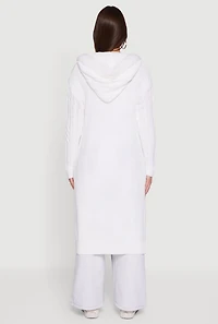 Womens Faux Fur Trim Cable Knit Hooded Duster, White, Size S