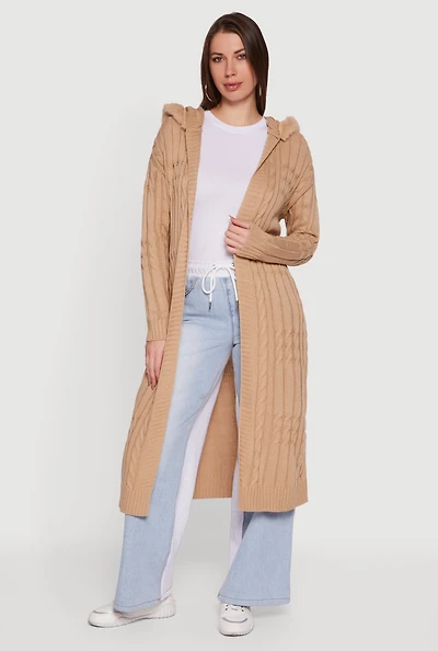 Womens Faux Fur Trim Cable Knit Hooded Duster,