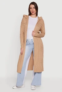 Womens Faux Fur Trim Cable Knit Hooded Duster,