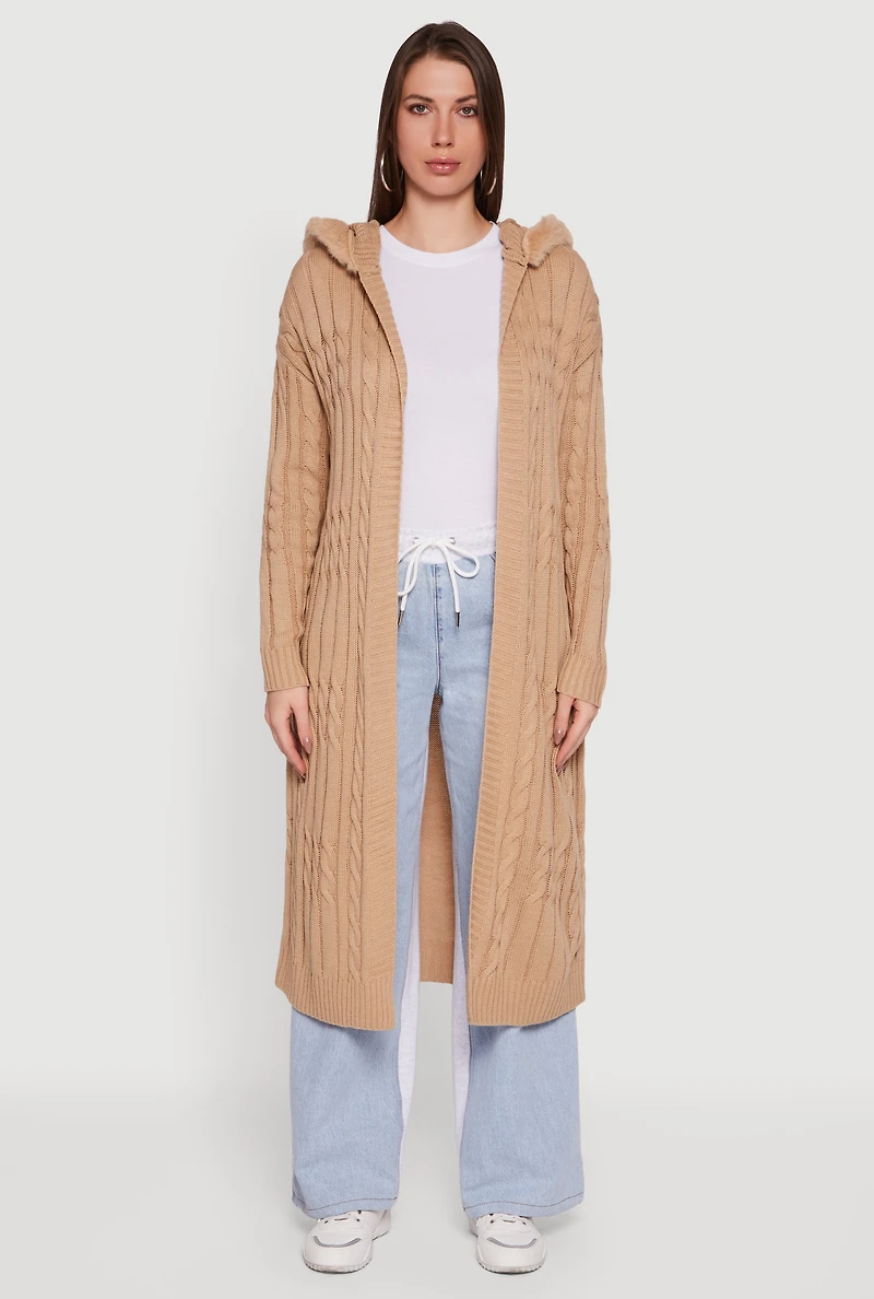 Womens Faux Fur Trim Cable Knit Hooded Duster, Beige, Size S