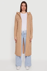 Womens Faux Fur Trim Cable Knit Hooded Duster, Beige, Size S