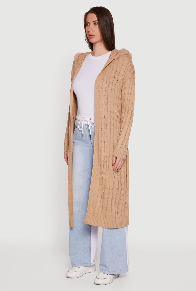 Womens Faux Fur Trim Cable Knit Hooded Duster,