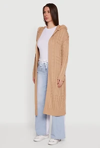 Womens Faux Fur Trim Cable Knit Hooded Duster,