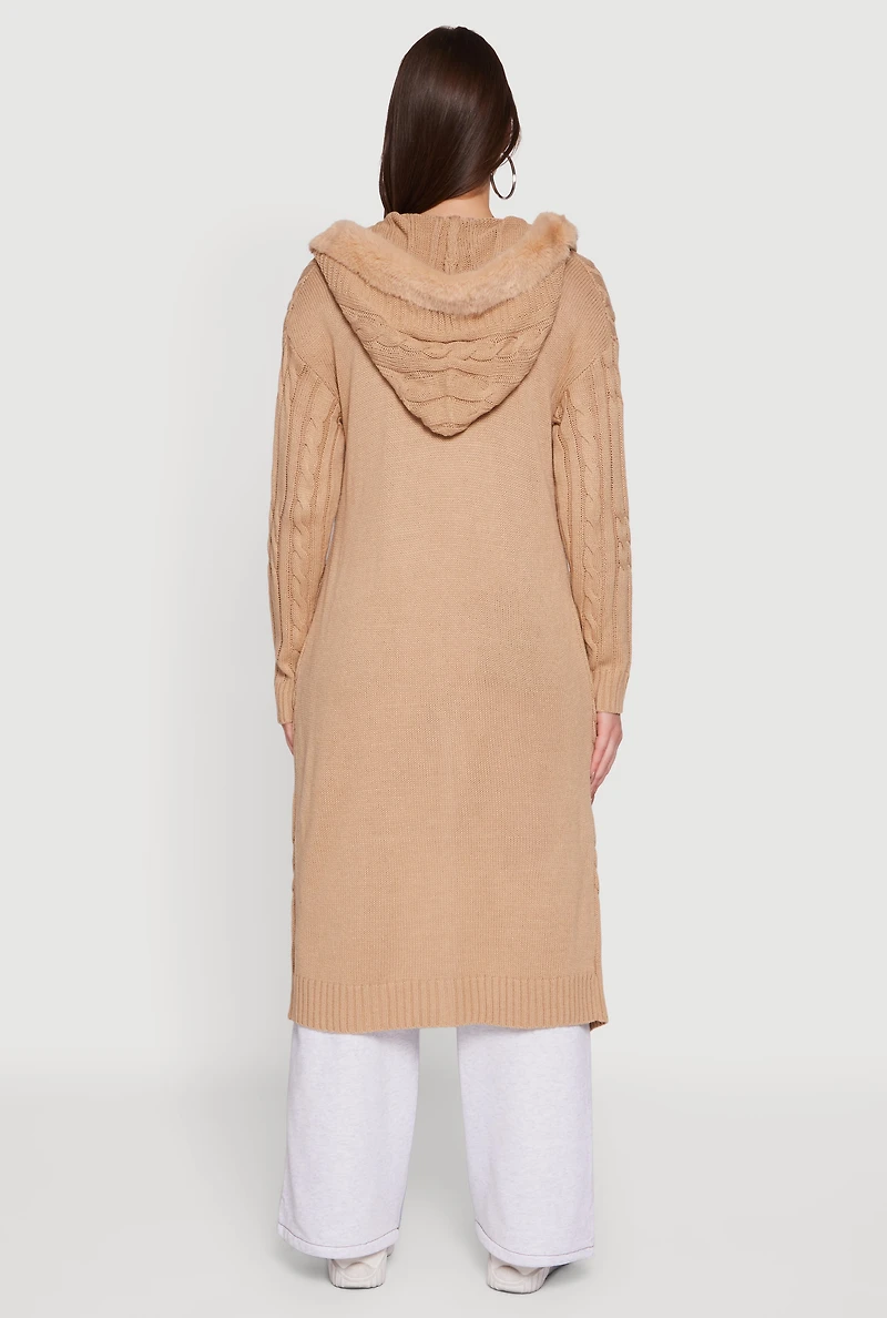 Womens Faux Fur Trim Cable Knit Hooded Duster, Beige, Size S