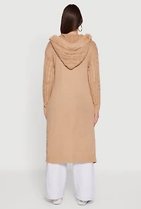 Womens Faux Fur Trim Cable Knit Hooded Duster, Beige, Size S
