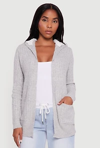Womens Cozy Sherpa Lined Hooded Cardigan with Pockets, Grey, Size XL