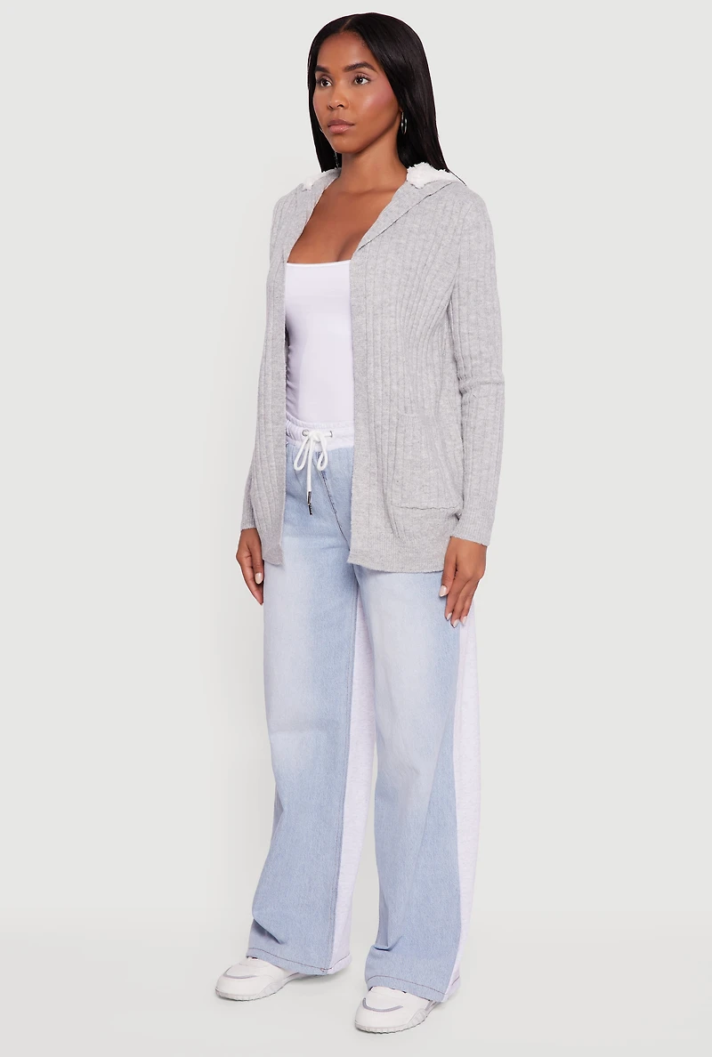 Womens Cozy Sherpa Lined Hooded Cardigan with Pockets, Grey, Size XL