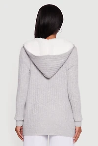 Womens Cozy Sherpa Lined Hooded Cardigan with Pockets, Grey, Size XL