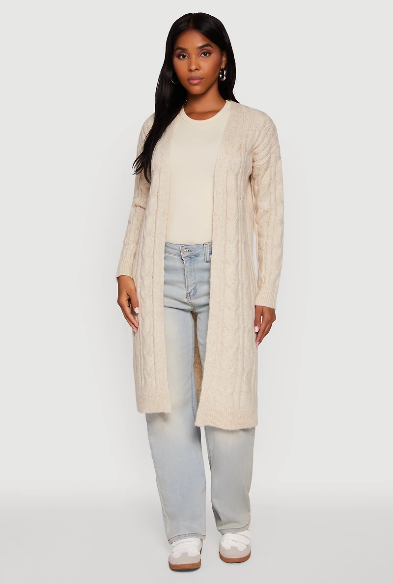 Womens Cable Knit Open Front Long Cardigan, S
